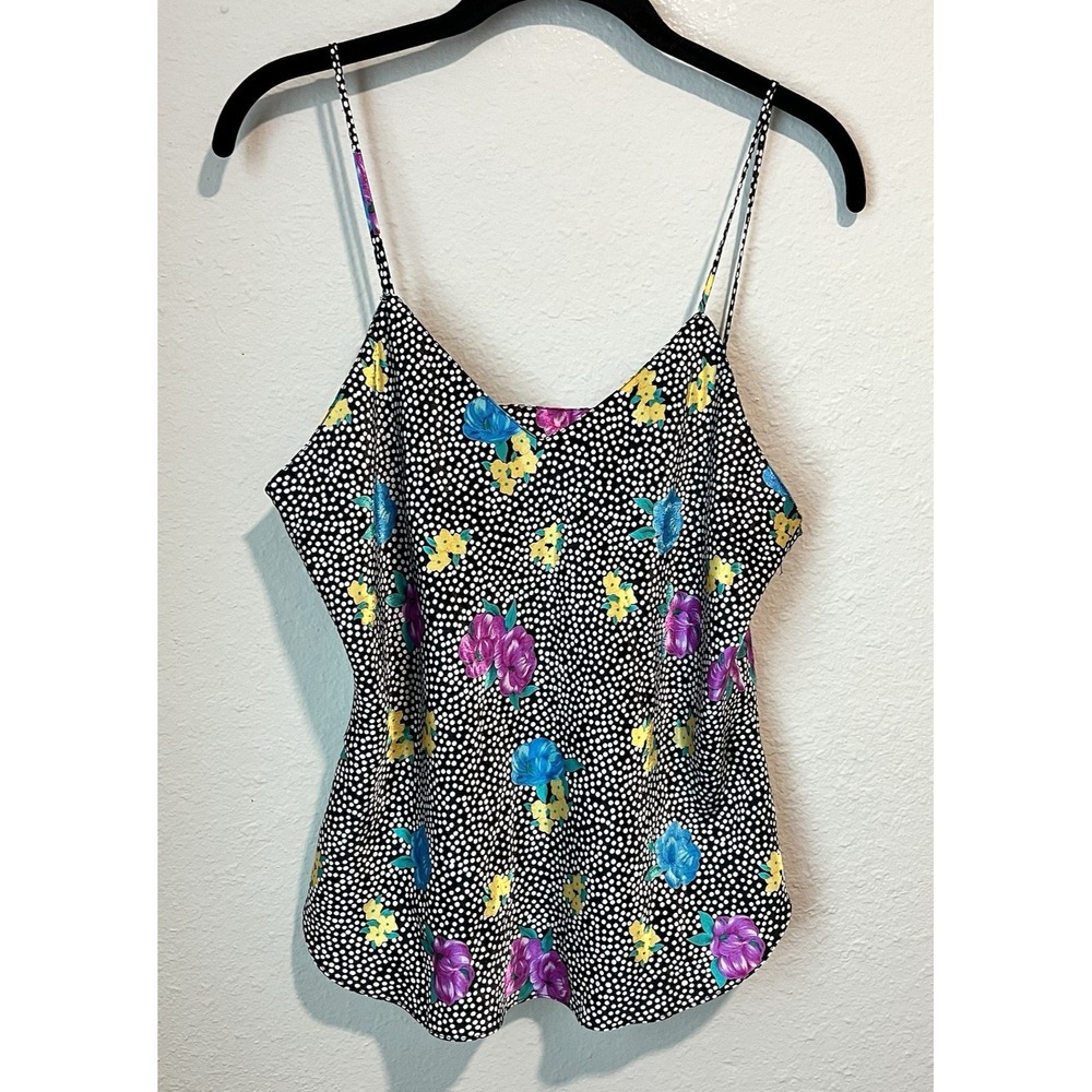 Vintage 90's Erika Taylor Camisole Lingerie Top Medium Black White Floral Satiny